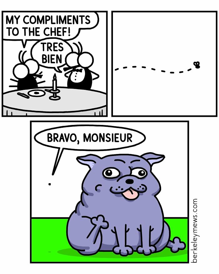 Comic panel by Ben Zaehringer showing a fly and dog with darkly funny twist in a simple cartoon style.