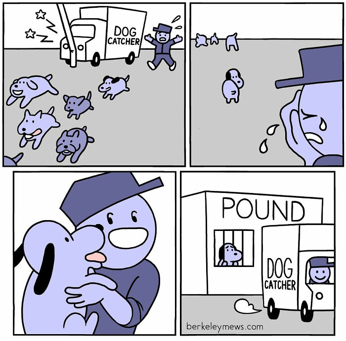 Comic panels showing dogs running from a dog catcher, a saddened dog owner, and a dog locked in a pound in a darkly funny comic style.
