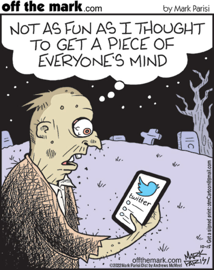 Zombie cartoon character holding a phone with Twitter app, illustrating technology and internet life humor by Mark Parisi.