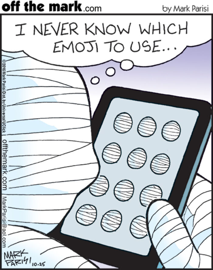 Cartoon of a bandaged person holding a phone with emojis, depicting confusion about which emoji to use in internet life.