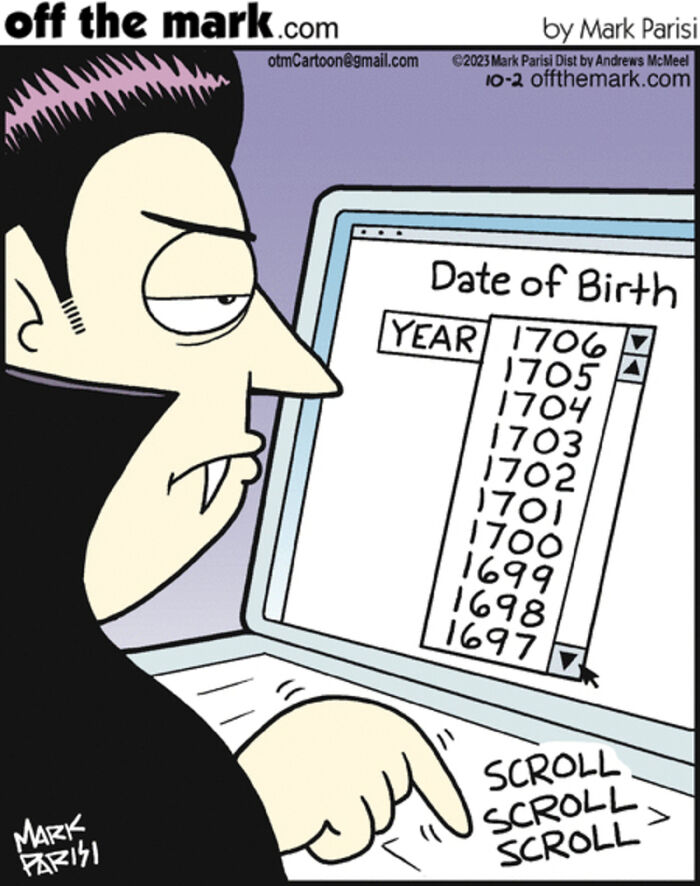 Cartoon of a character humorously scrolling through an outdated date of birth list in technology and internet life comic.