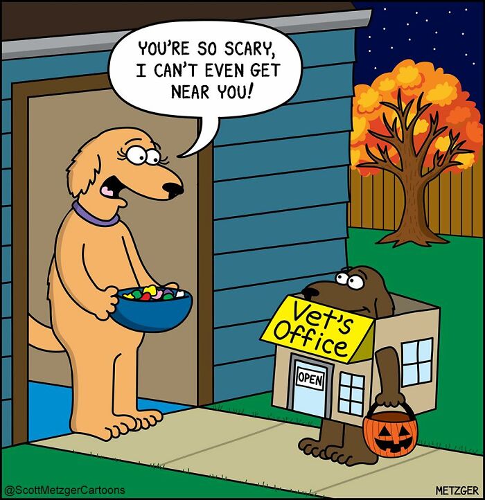 Cartoon dogs in a humorous comic about sharing a home with cats and dogs during Halloween night outside a house.