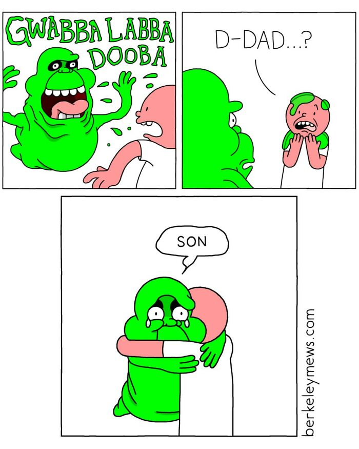 Comic panel showing a green cartoon character and a human, a darkly funny comic by Ben Zaehringer.