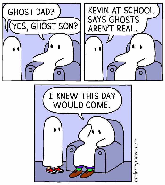 Comic panel featuring ghost characters in a darkly funny scene from Ben Zaehringer's comics about ghosts and family.