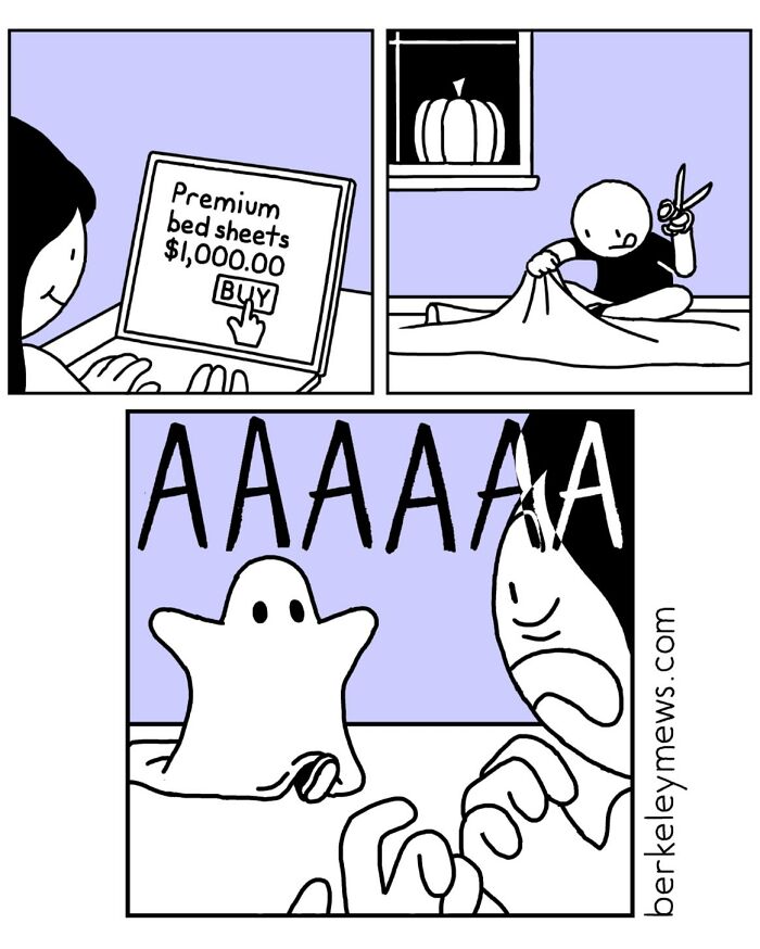Comic strip by Ben Zaehringer showing darkly funny twist with expensive sheets and a scared ghost.
