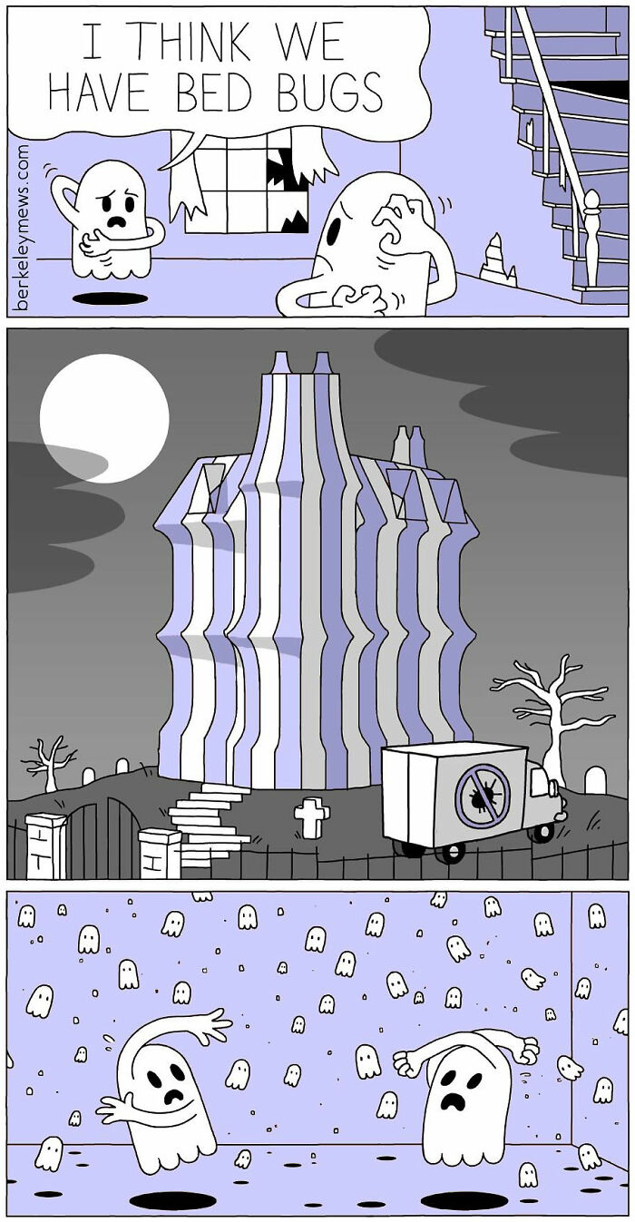 Darkly funny comic panels by Ben Zaehringer showing ghosts worried about bed bugs and pest control at a haunted house.