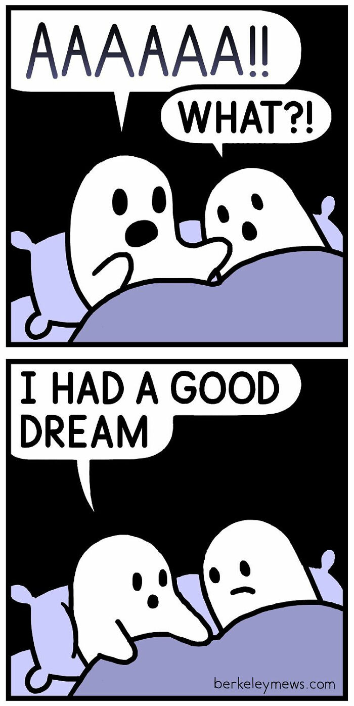 Comic panel by Ben Zaehringer shows two ghosts in bed with a darkly funny twist in their nighttime conversation.