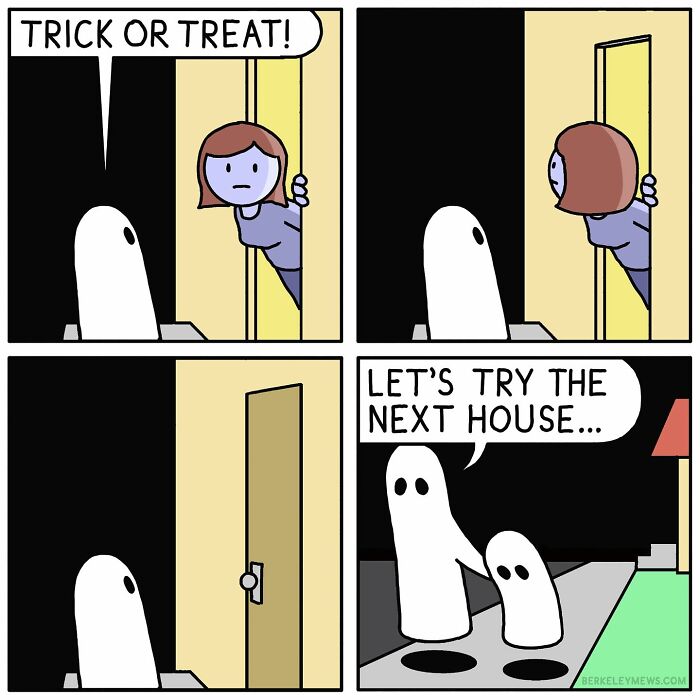 Cartoon ghosts trick or treating, followed by a darkly funny turn, in a comic by Ben Zaehringer.
