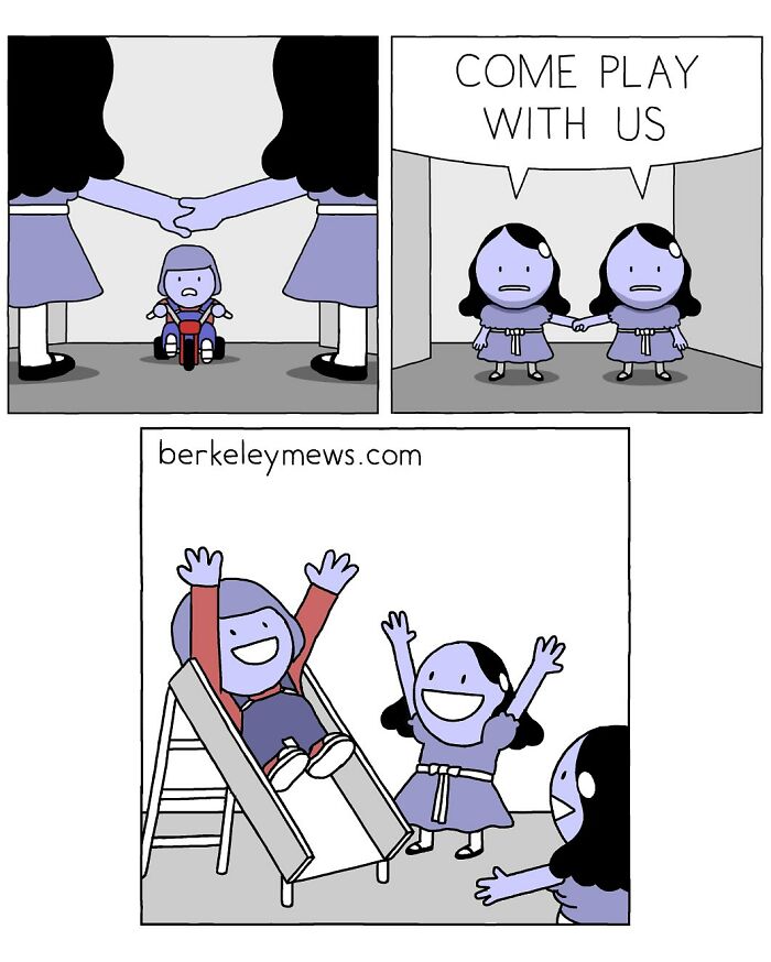 Comic panels showing a darkly funny twist with kids inviting to play, illustrating Ben Zaehringer’s comic style.