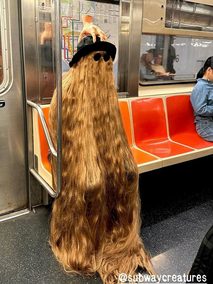 Person in a NYC subway dressed with extremely long hair, sunglasses, black hat, and a hand prop on top, creating a weird moment.