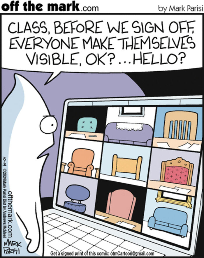 Cartoon showing a virtual meeting with empty chairs representing invisible participants in technology internet life.