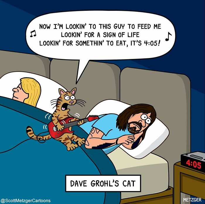 Cartoon showing a cat playing guitar and waking a man in bed at 4:05, illustrating sharing a home with cats and dogs.
