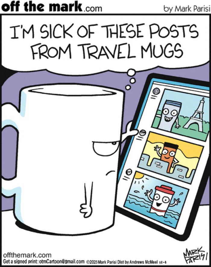 A cartoon coffee mug annoyed by travel mug posts on a tablet, illustrating technology and internet life humor.