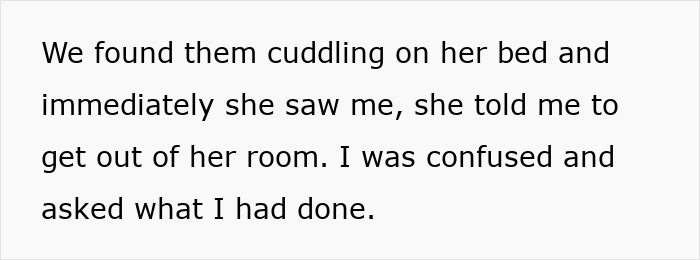 Text on a white background describing a boyfriend's confession about his younger sister causing trouble by telling him to leave her room.