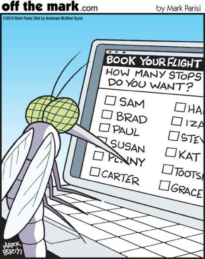 Cartoon mosquito booking multiple flight stops on a laptop screen, illustrating technology and internet life humor by Mark Parisi.