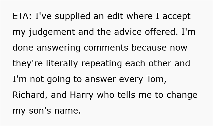 Text excerpt discussing accepting judgement and advice about naming son Harry Potter and deciding not to respond to repeated comments.