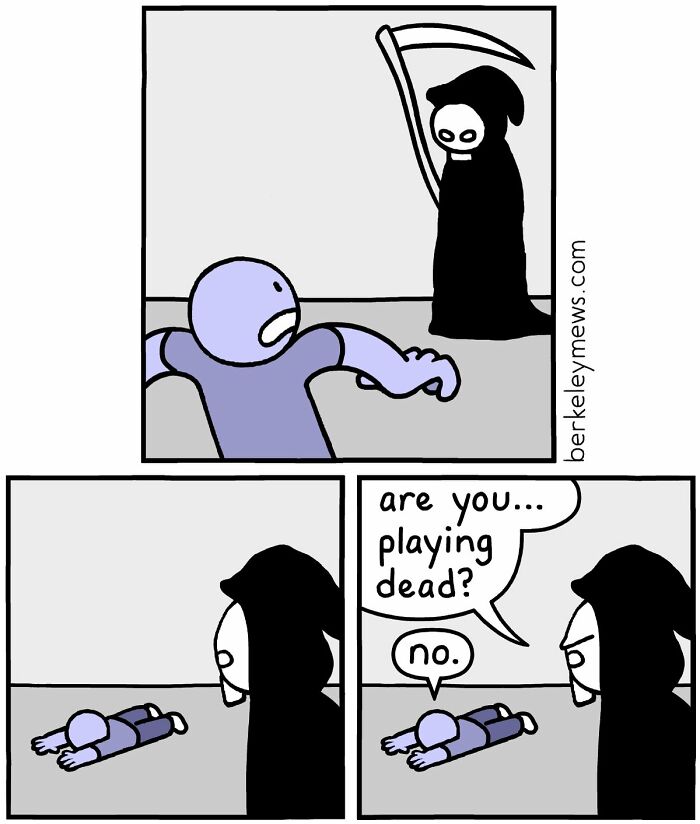 Comic by Ben Zaehringer showing a darkly funny scene where a character confronts Death and lies on the ground.