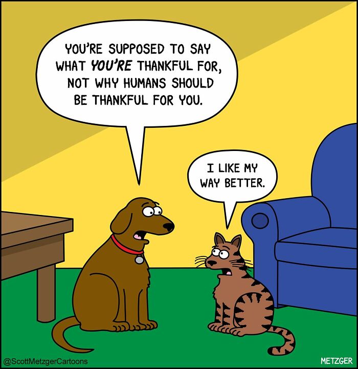 Cartoon of a dog and cat humorously discussing thankfulness, illustrating life sharing a home with cats and dogs.