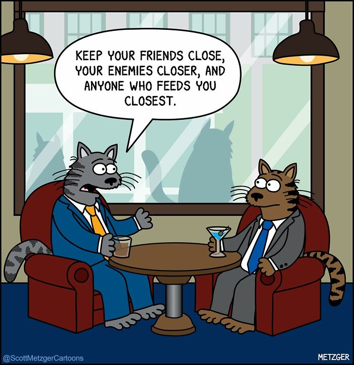 Cartoon cats in suits having drinks and discussing life, illustrating comics about sharing a home with cats and dogs.