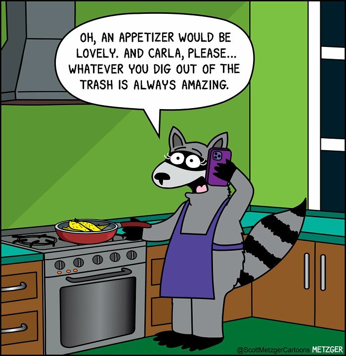 Raccoon character in a comic scene cooking and talking about sharing a home with cats and dogs.