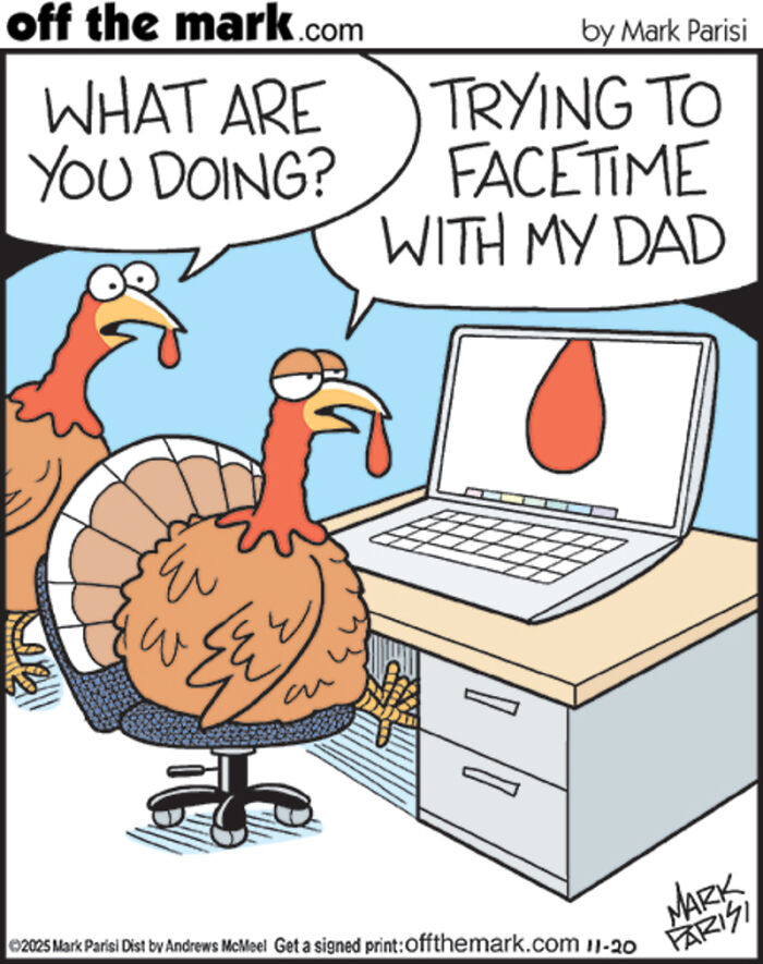 Two cartoon turkeys in an office with a laptop, illustrating technology and internet life humor by Mark Parisi.