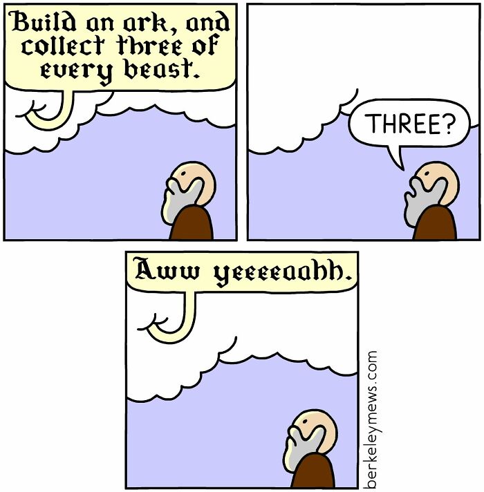 Comic by Ben Zaehringer shows a biblical scene with a darkly funny twist, illustrating dark humor in simple cartoon style.