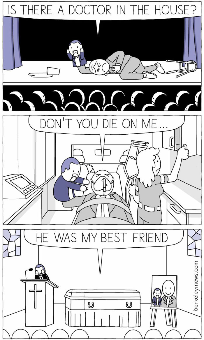Darkly funny comic by Ben Zaehringer showing a man collapsing, hospital scene, and a funeral with a coffin and photo.