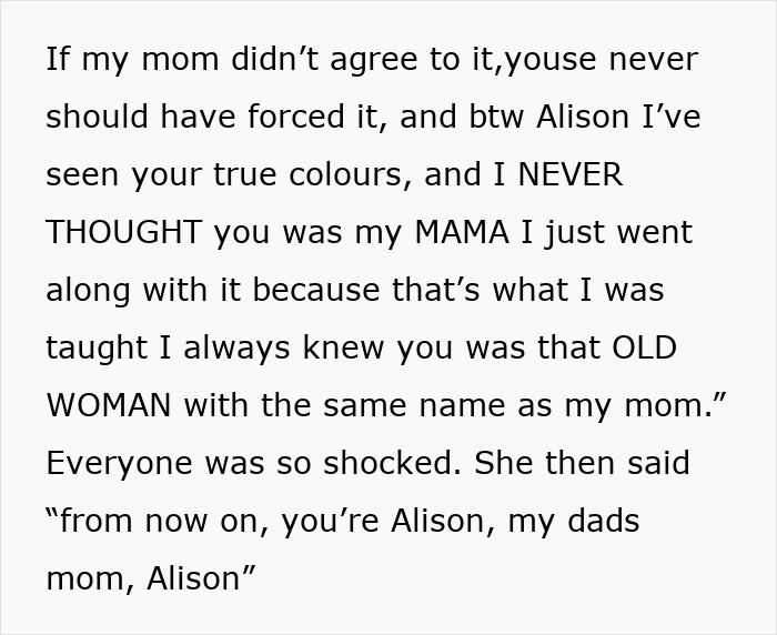 Text excerpt showing a sassy teen confidently confronting grandma in front of family, making mom proud.