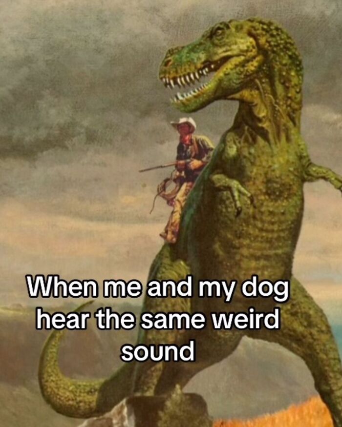 Man riding a large dinosaur with a gun, caption about sharing a weird sound with dog in hilarious cynicism meme style.