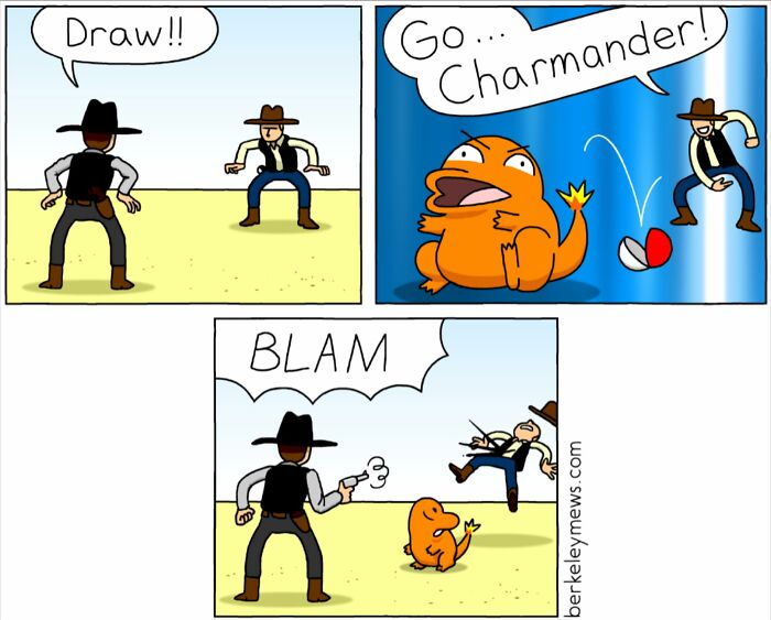 Comic strip featuring a wild west duel with a surprising darkly funny twist and a cartoon Charmander character.