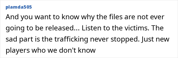 Screenshot of a user comment discussing Epstein files and trafficking, related to Naomi Campbell and Ghislaine Maxwell case.