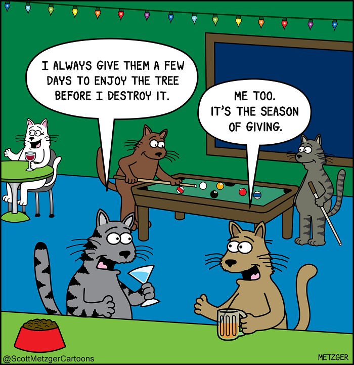 Cats and dogs sharing a home, playing pool and relaxing, captured in a humorous comic about pet life.
