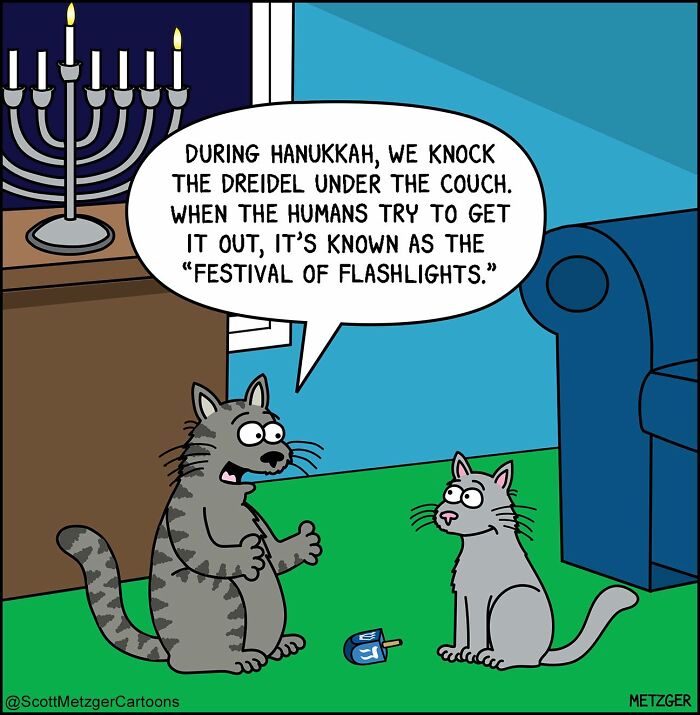 Cartoon cats humorously describing Hanukkah traditions, highlighting comic moments of sharing a home with cats and dogs.