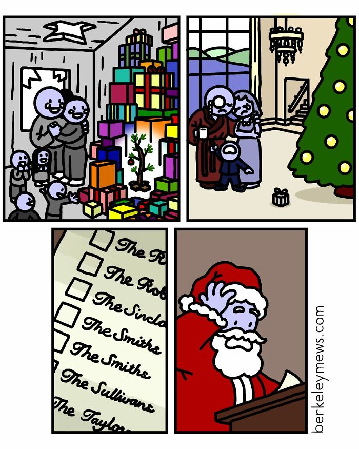 Darkly funny comics by Ben Zaehringer show a stressed Santa and confused family around Christmas gifts and a list.