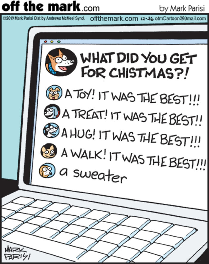 Comic by Mark Parisi showing humorous online chat about Christmas gifts on a laptop screen about technology and internet life.