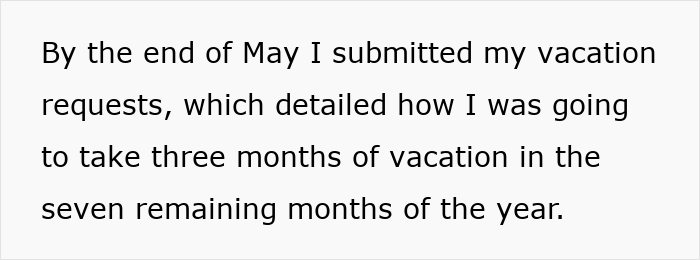 Text excerpt about submission of vacation requests by top employee plotting exit after delivering record results.