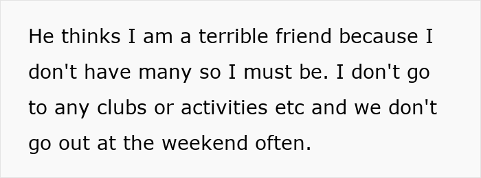 Text on white background about wife giving up social life, feeling crushed as husband calls her boring with no life.