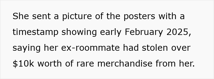 Text screenshot showing a K-Pop fan claiming $10k worth of rare merchandise was stolen by an ex-roommate.