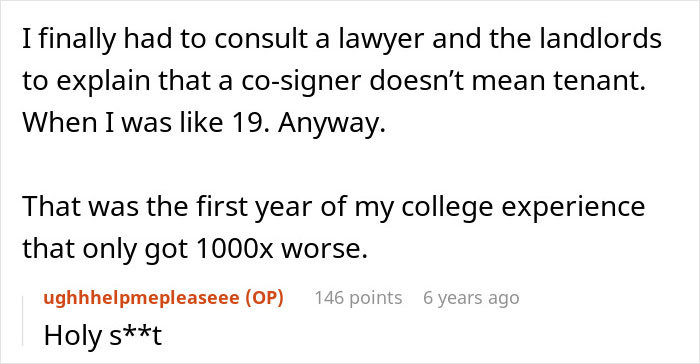 Text post about consulting a lawyer regarding tenant rights with a roommate&rsquo;s parents using a spare key and acting like babysitters.