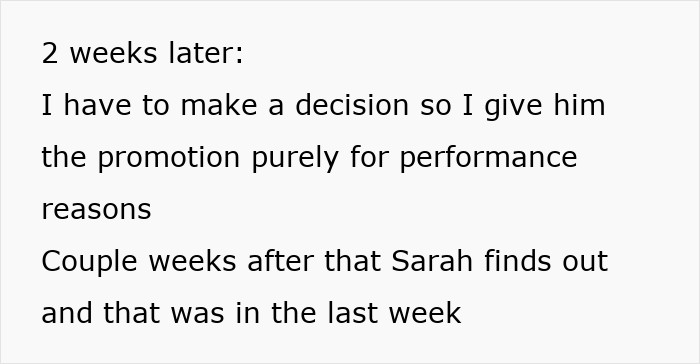 Text excerpt showing a decision about promotion and a discovery causing sister relationship cheater work drama.