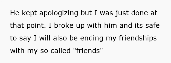 Text on a white background describing a breakup story after a boyfriend abandons his girlfriend on date night and goes out with friends.