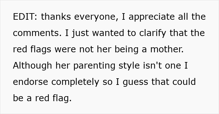 Text post discussing concerns about parenting style and red flags in man-date-single-mom-drama.