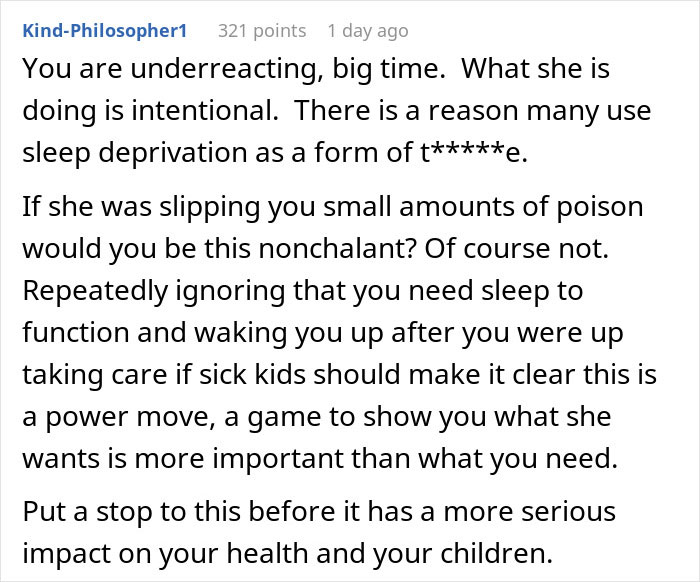 Text comment discussing intentional sleep deprivation as a power move by a woman waking up her boyfriend repeatedly.