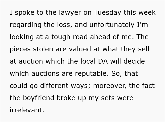 Text excerpt discussing legal challenges involving stolen expensive Lego sets and the boyfriend linked to the cheating ex-wife case.
