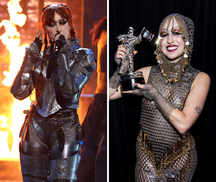 Chappell Roan wearing bold metal armor and chainmail outfits, showcasing striking fashion that caused brain malfunction.