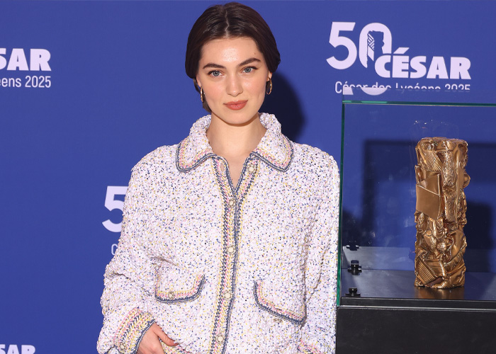 Anamaria Vartolomei posing at 50 C&eacute;sar Awards event with Timoth&eacute;e Chalamet conspiracy theories surrounding their hotel appearance.