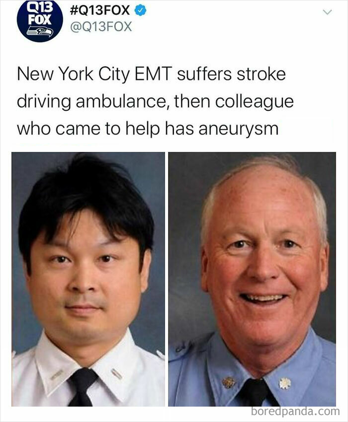 Tweet from Q13FOX showing two EMTs with unhinged news headlines about medical emergencies, highlighting unusual American news stories.