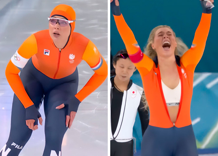 Two athletes in orange suits at the 2026 Winter Olympics showcasing wild and bizarre moments on ice.