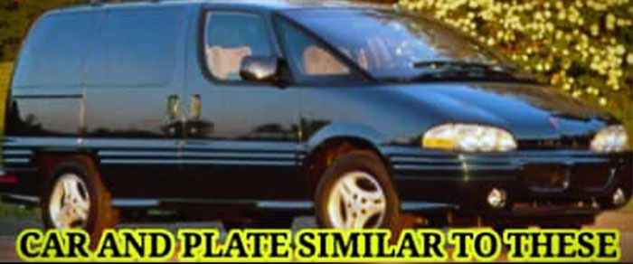 Black minivan parked on grass with text highlighting similarity to car and plate in mom vanished case.