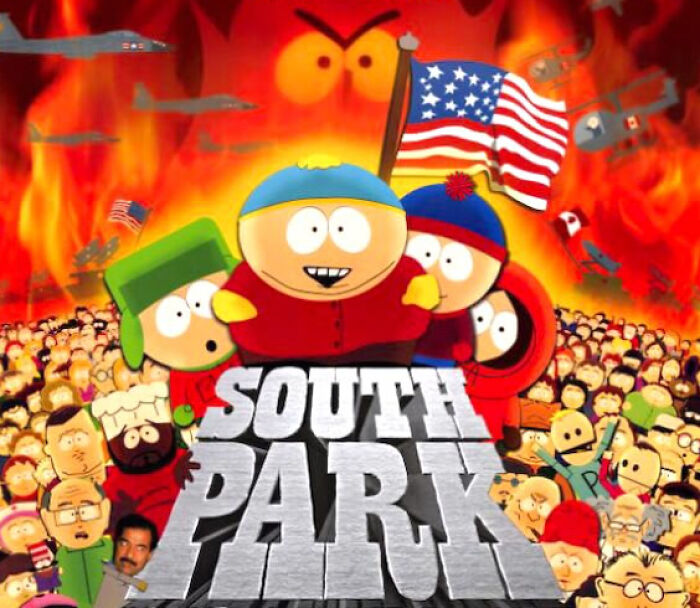 South Park main characters standing in front of a fiery background with an American flag and crowds, today I learned facts theme.